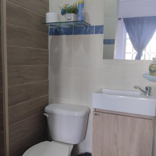 a bathroom with a toilet and a sink at Nely y Pietro share apartment in Punta Cana