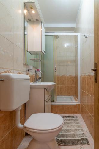 a bathroom with a toilet and a sink and a shower at Seaside holiday house Pucisca, Brac - 14003 in Pučišća