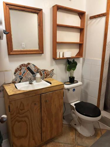 a bathroom with a toilet and a sink and a mirror at Hostal ídem in Valparaíso