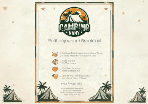 um menu para uma empresa de campingasyasyasyasyasyasyasyasyasy em Camping Nany em Taputapuapea