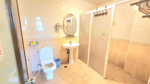 un bagno con un water, un lavandino e uno specchio di Mei Lun Xi Pan Homestay a Città di Hualien