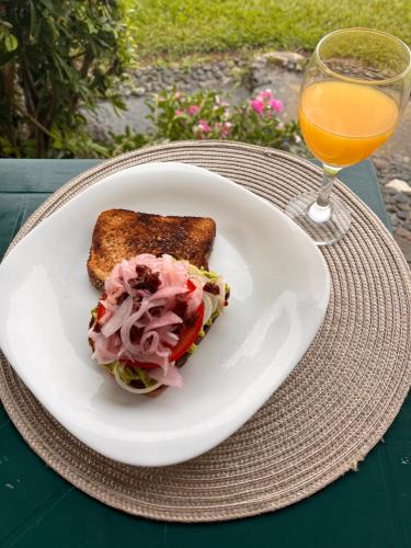 a white plate with a sandwich and a glass of orange juice at Piedechinche Ventanas Parapente - Bed and Breakfast Premium in Piedechinche