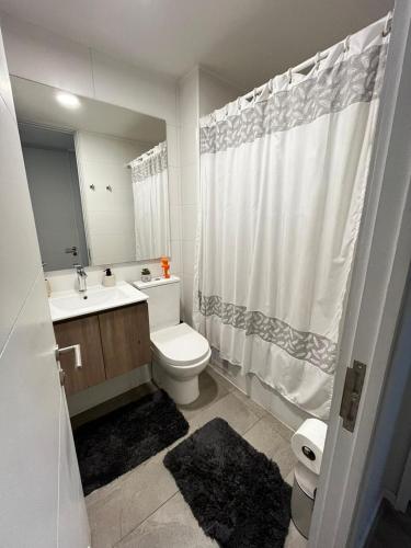 a bathroom with a toilet and a sink and a shower at Departamento céntrico nuevo in Valdivia
