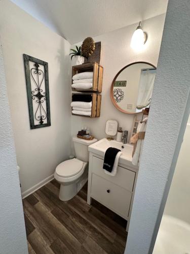 a bathroom with a toilet and a sink and a mirror at Tiny house - Our little piece of paradise in Lakehills