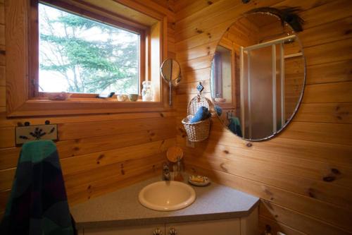 ein Bad mit einem Waschbecken und einem Spiegel in der Unterkunft Beautiful Cottage in Hveragerdi in Hveragerði