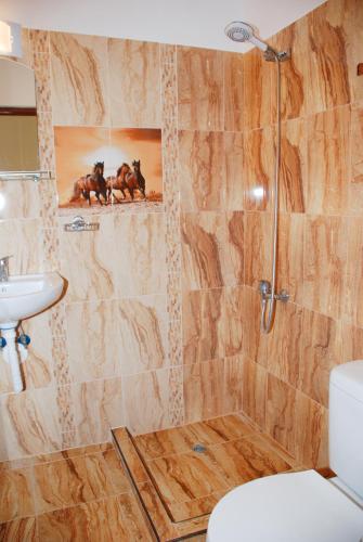ein Badezimmer mit Dusche, Toilette und Waschbecken in der Unterkunft Altay Guest House in Lozenets