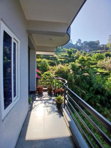 Un balcón de una casa con plantas en macetas. en JAP Guest House & Apartments, en Pokhara