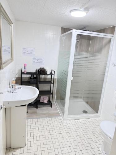 une salle de bain avec douche et lavabo dans l'établissement Zimmer 2, à Bullendorf