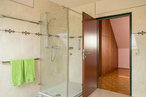 a shower with a glass door in a bathroom at Privatunterkunft "An der Hecke" in Neuss