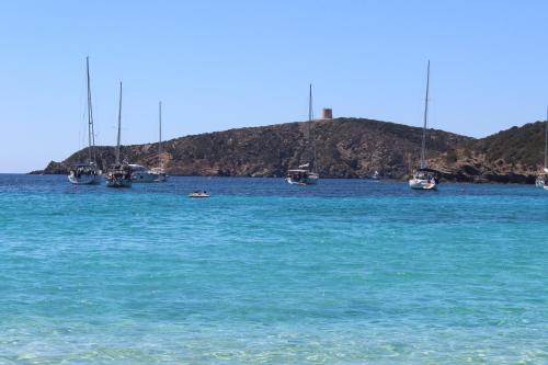 a group of boats in the water with a hill at Los Flamingos in La Maddalena