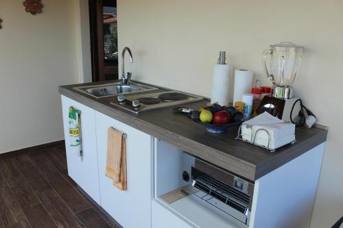 a kitchen with a counter with a bowl of fruit on it at Los Flamingos in La Maddalena