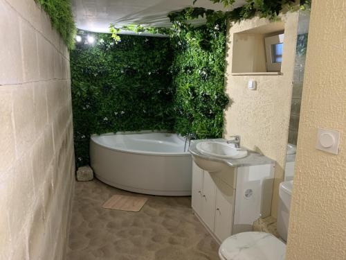 Saint-JulienにあるMaison de ville au cœur d'un village de caractère dans le juraの緑の生垣のあるバスタブ付きのバスルーム