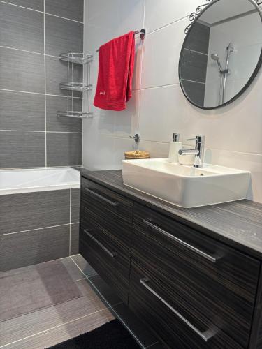 a bathroom with a sink and a mirror and a tub at Apartmánový byt VYHNE in Vyhne