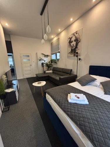 a bedroom with a bed and a living room at Apartamenty Łuczkowskiego z widokiem na Studnię 5 in Chełm