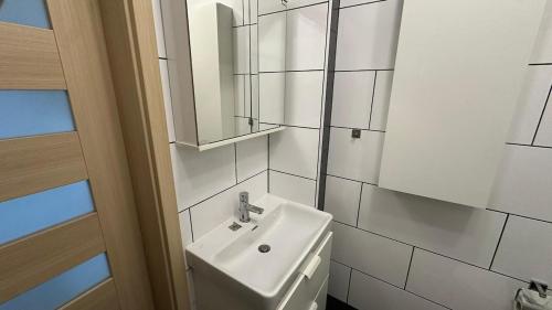 a white bathroom with a sink and a mirror at Studio Apartment - Neufelden in Neufelden