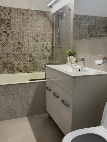 a bathroom with a sink and a toilet and a shower at Central Apartment KM 0 in Craiova