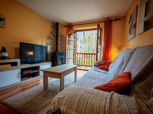 a living room with a couch and a television at Calideza inigualable- Rústico, eficiente y con jardín - Isard 1 in Pla de l'Ermita