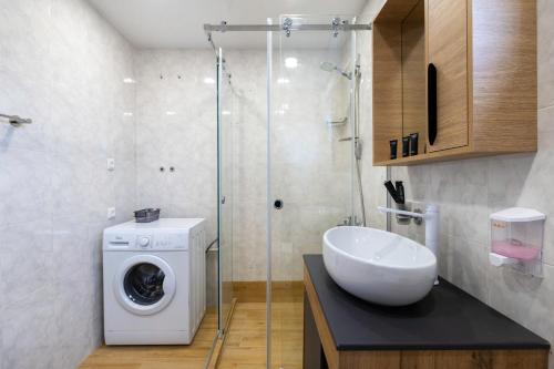 a bathroom with a washing machine and a sink at Apartments with wine cellar in Old Tbilisi in Tbilisi City