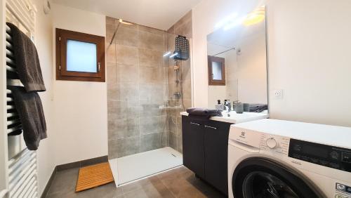 圣让德锡克斯特Le Balcon des Aiguilles - vue montagne - AravisTour的配有洗衣机和淋浴的浴室