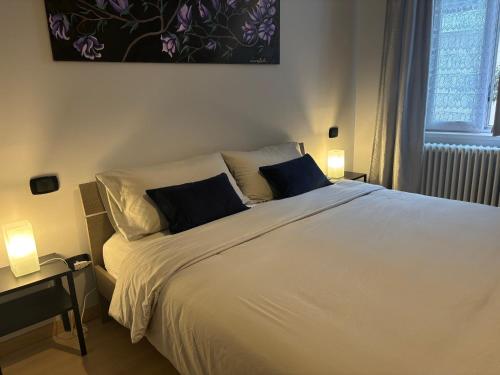 a bedroom with a white bed with two blue pillows at Apartments via Roma in Rovereto