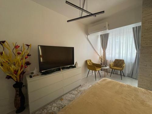 a living room with a flat screen tv on a cabinet at Apartament Nedianu in Craiova