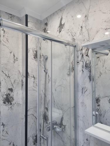 a shower with a glass door in a bathroom at CARPE DIEM Unique S&P in Valjevo