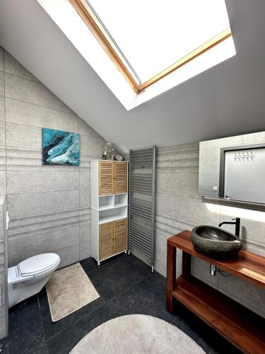 a bathroom with a toilet and a tv on the wall at Dukes View -explore Haspengouw & surrounding towns in Zoutleeuw
