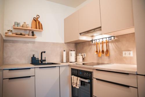 une cuisine avec des armoires blanches et un four à plaques de cuisson dans l'établissement Riversidesuite-Tuebingen, à Tübingen