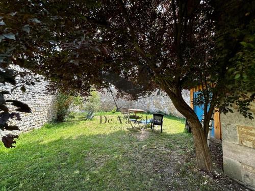 einen Tisch und einen Stuhl unter einem Baum im Hof in der Unterkunft République 5 - Downtown & close to thermal baths in Rochefort