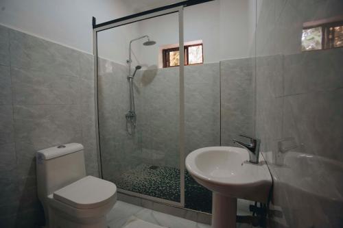 ein Badezimmer mit Dusche, Toilette und Waschbecken in der Unterkunft Naibor Villa in Themi