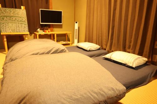 a bedroom with two beds with pillows and a television at newisland in Tadotsu