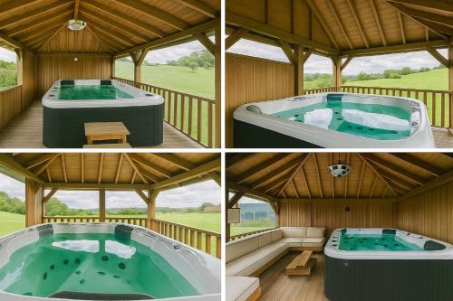 a collage of four pictures of a hot tub in a house at Chalet de 95m2 au cœur du Pays d'Auge, en Normandie avec Piscine et Jacuzzi in Les Champeaux