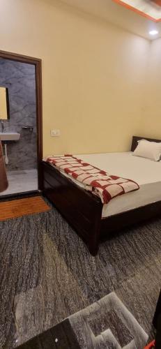 a bedroom with a bed and a mirror at Ayodhya Guest House in Hampi