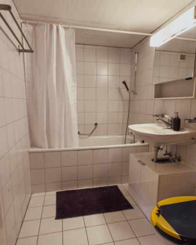 レンクにあるFerienwohnung Metschのシャワー、洗面台、浴槽を備えたバスルーム