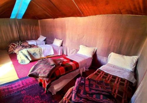 a room with three beds in a small room at Sahara horizon Camp in Merzouga