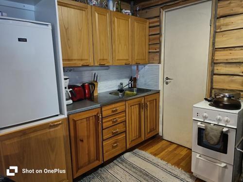 una cucina con mobili in legno, un lavello e una stufa di Hirsimökki 