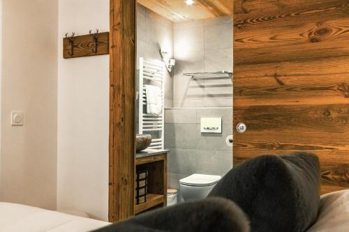 a bathroom with a toilet and a wooden wall at Centre Les Gets with 2 parking and Slope views - 6&2 ppl - Asteria in Les Gets