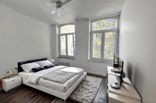 a white bedroom with a bed and two windows at Rive Gauche F centre - gare - aéroport in Charleroi