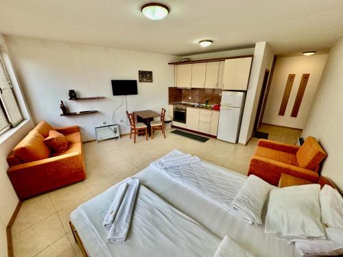 a living room with a bed and a kitchen at Todorini Kuli Apartments in Bansko