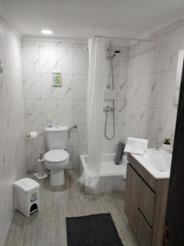 Un baño con inodoro, bañera y lavabo. en Casinha da Palmeira, en Nazaré