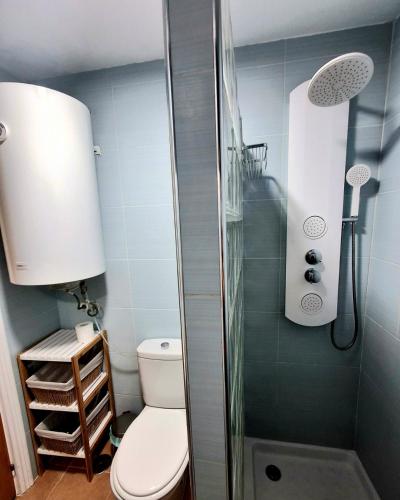 a small bathroom with a toilet and a shower at Casa Piszi in Torrevieja