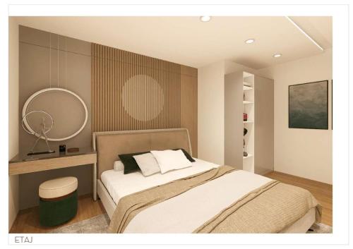 una camera da letto con un letto e uno specchio sul muro di Villa Prestige Collection a Scheia