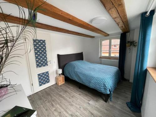 a bedroom with a bed with a blue bedspread at Cottage A day in Strasbourg in Strasbourg