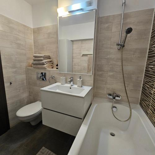 a bathroom with a sink and a toilet and a shower at Carol Apart in Craiova