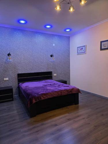 ein Schlafzimmer mit einem Bett mit einer lila Bettdecke in der Unterkunft Kisa in Martvili