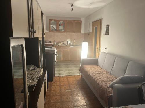 a living room with a couch and a kitchen at Dedina kuća pod Mučnjem in Ivanjica