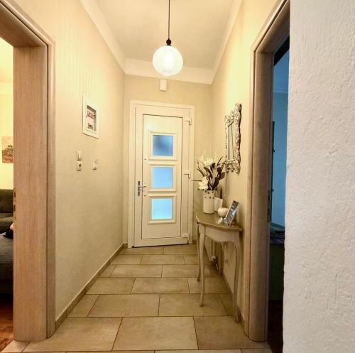 a hallway with a door and a table with a plant at Casa Nostra in Aridaia