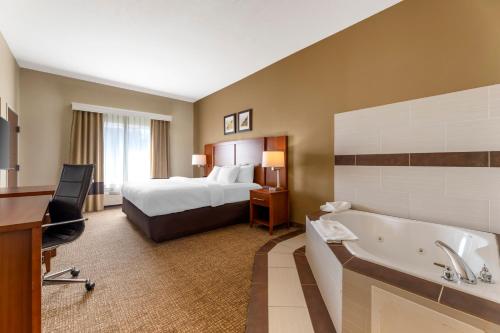 a hotel room with a bed and a bath tub at Comfort Inn & Suites Porter near Indiana Dunes in Porter