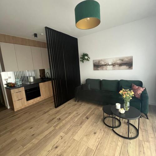 a living room with a green couch and a table at Apartamenty Dwie Rzeki in Łódź