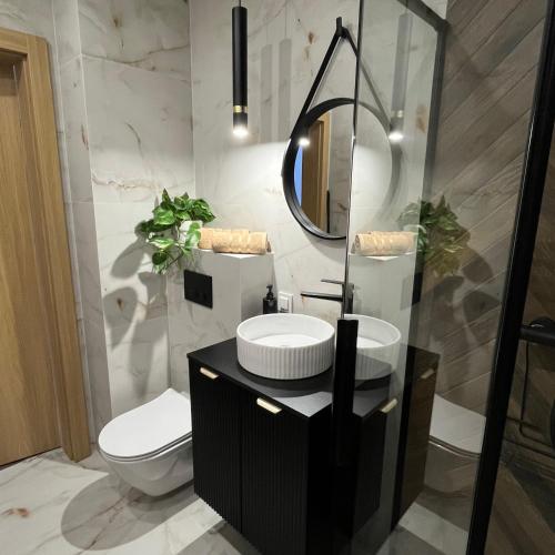 a bathroom with a toilet and a sink and a mirror at Apartamenty Dwie Rzeki in Łódź